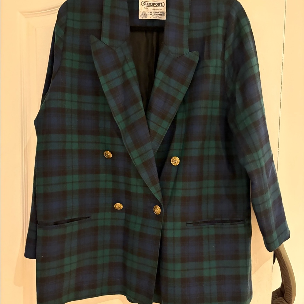 Vintage Women's Green and Blue Plaid Blazer